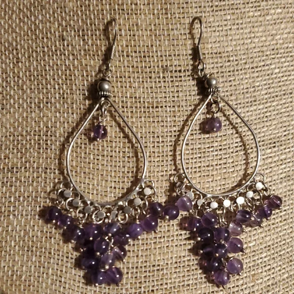 Sterling Silver Amethyst Earrings Vintage 2 3/4" - Picture 2 of 3
